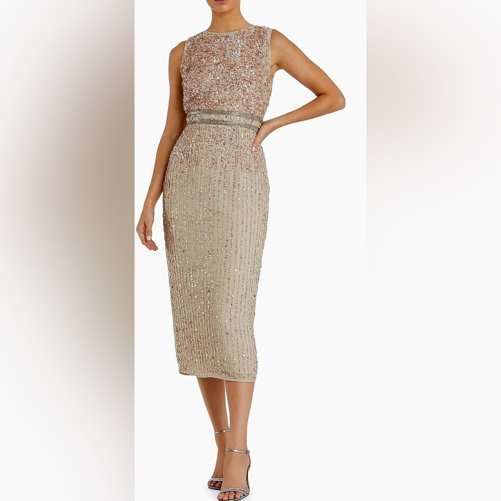 NWT Mac Duggal High Neck Sheath Sequin Midi Dress in Nude Rose Gold Tone - Sz 10
